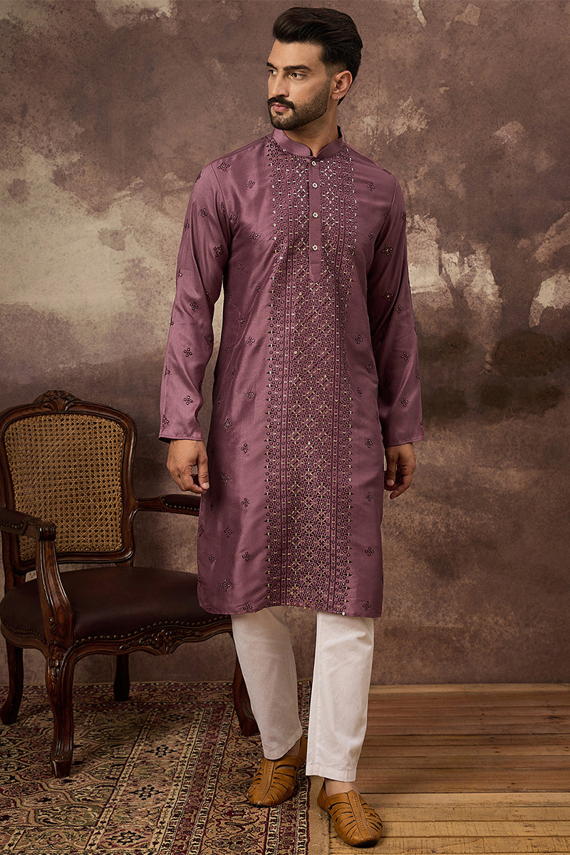 Mavue Silk Blend Solid Embroidered Straight Kurta with Trouser MKSET1368