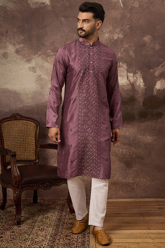 Mavue Silk Blend Solid Embroidered Straight Kurta with Trouser MKSET1368