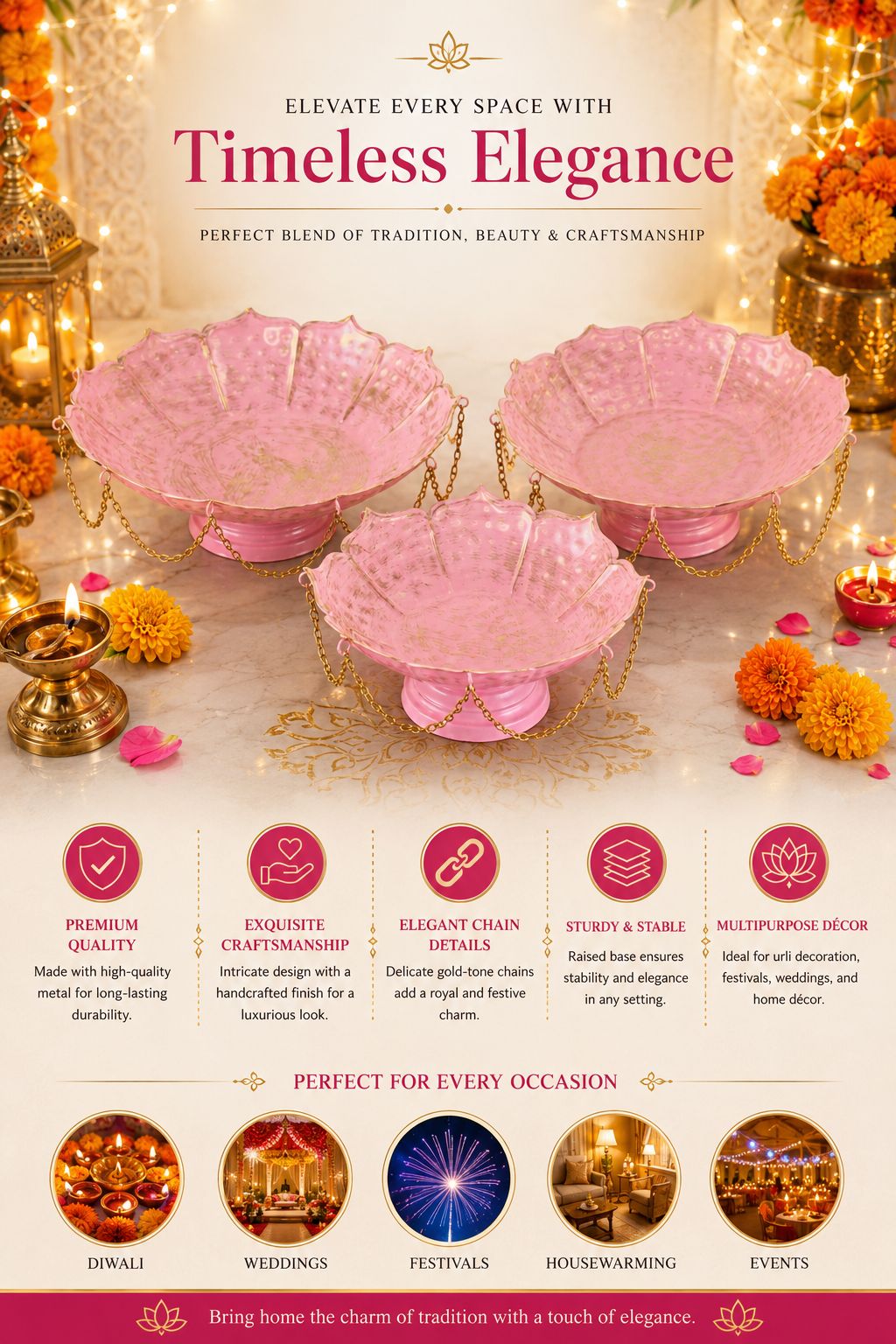 premium pink lotus urli bowl set of 3 with decorative chain handcrafted metal floating flower bowls for water candles tea lights decorative urli for diwali wedding pooja home decor