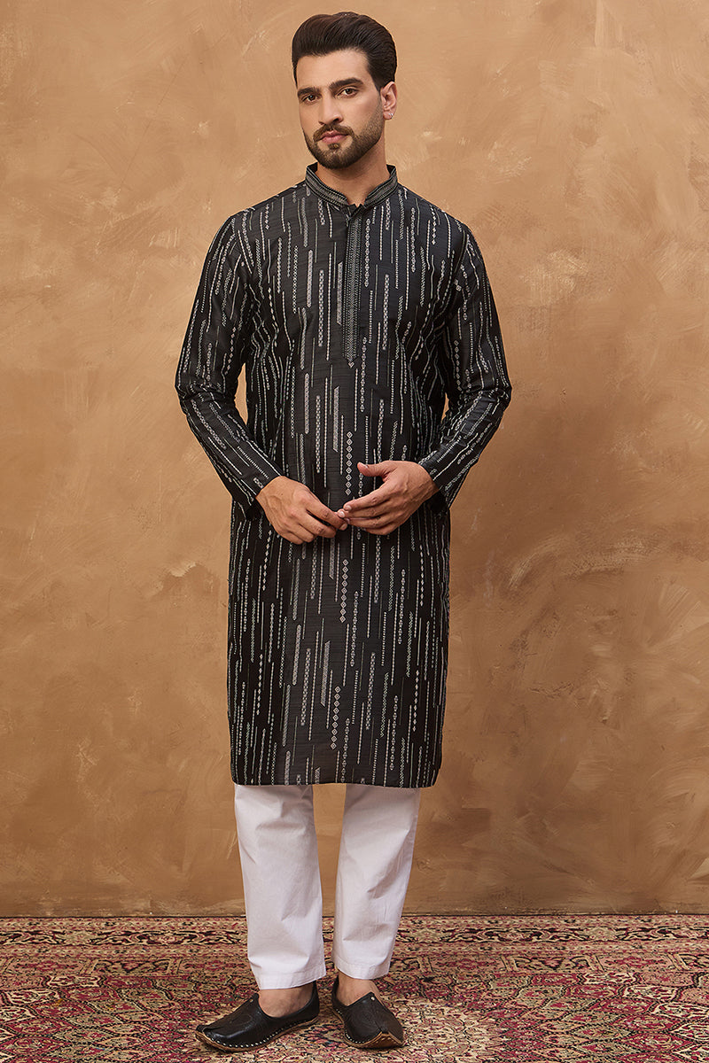black silk blend geometric printed straight kurta