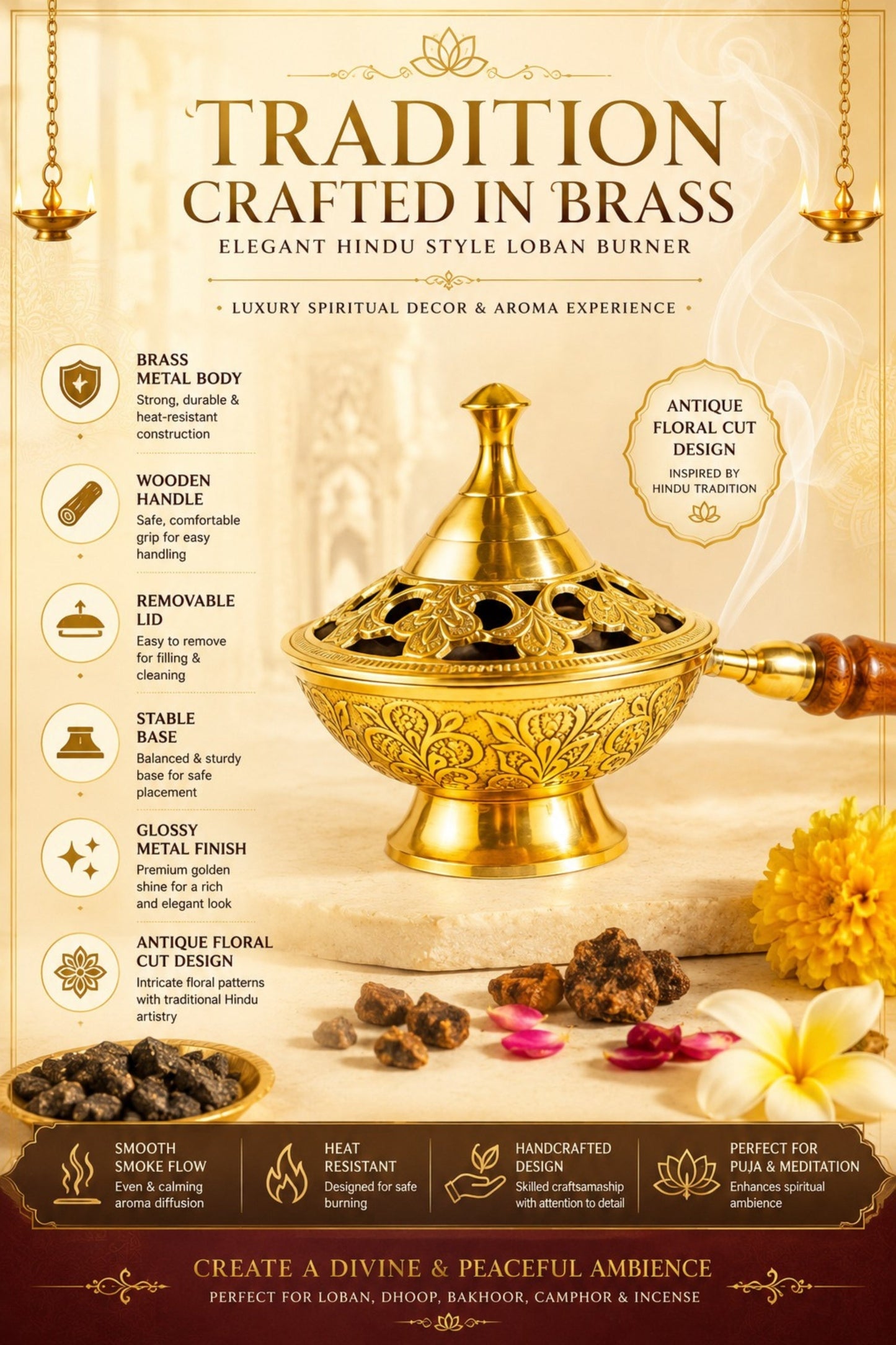 premium brass loban burner with wooden handle handcrafted brass dhoop dani for loban sambrani cups bakhoor camphor resin incense antique floral brass incense burner for home temple meditation gifting