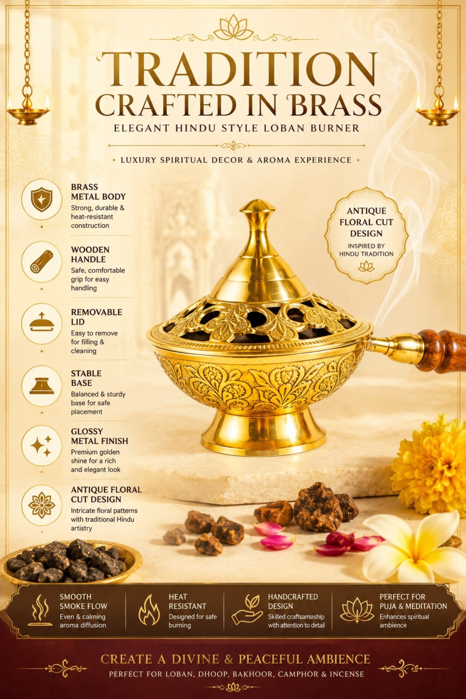 premium brass loban burner with wooden handle handcrafted brass dhoop dani for loban sambrani cups bakhoor camphor resin incense antique floral brass incense burner for home temple meditation gifting