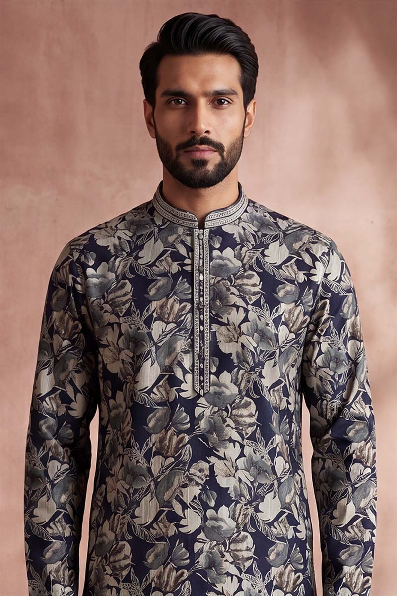 Mens Blue Viscose Rayon Floral Printed Kurta With Trousers MKSET1982