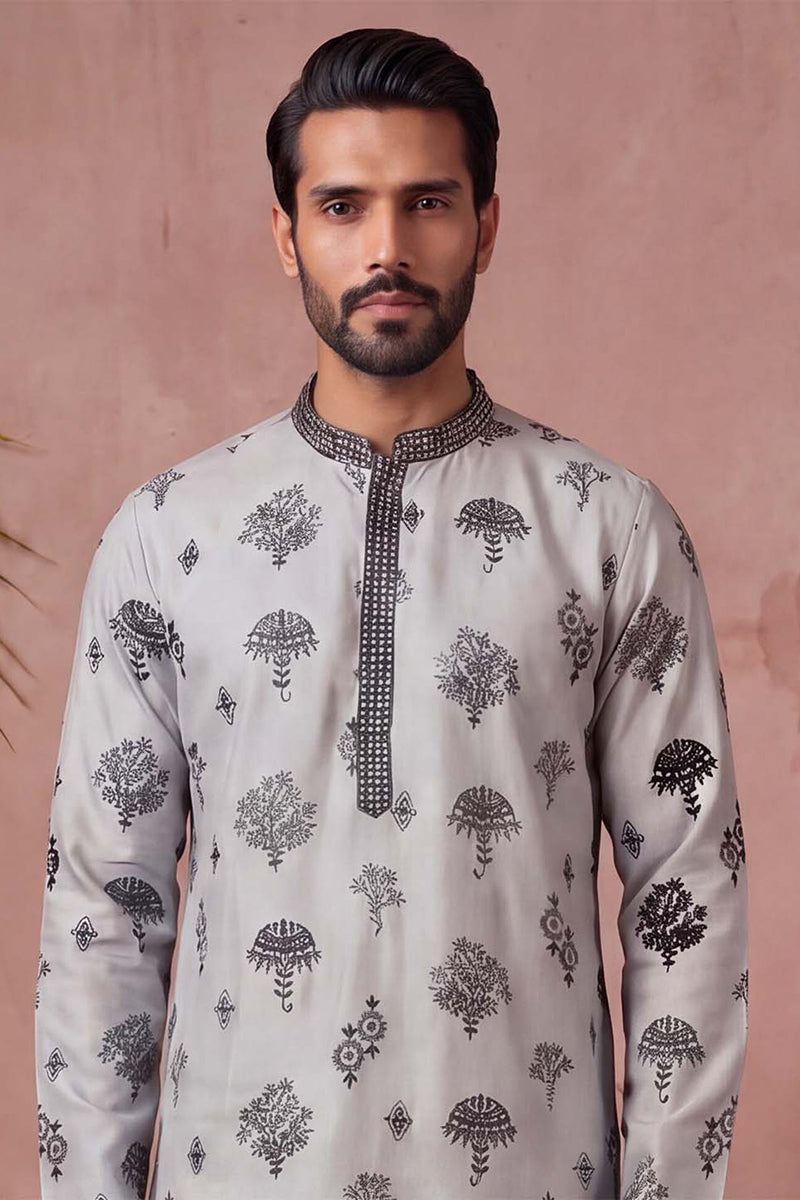 Mens Silk Blend Embroidered Solid Blue Kurta With Trousers MKSET1805