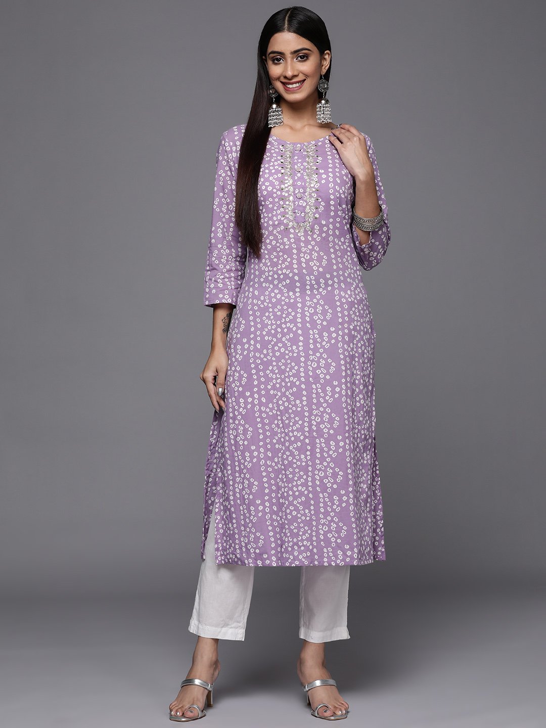 Varanga - Lavender Bandhani Print Embroidered Kurta Only