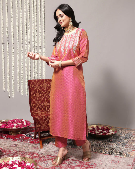 Varanga - Coral Embroidered Straight Kurta With Three-Quarter Sleeves Paired With Tonal Bottom And Dupatta
