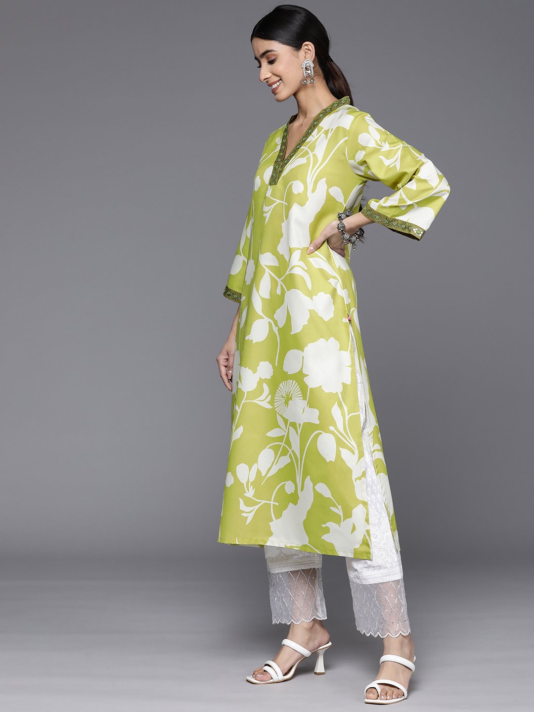 Varanga - Women Lime Green Floral Printed Kurta Only