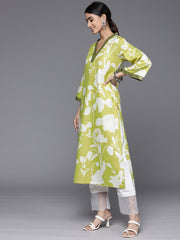 Varanga - Women Lime Green Floral Printed Kurta With V-Neck And Three Quarter Bell Sleeves