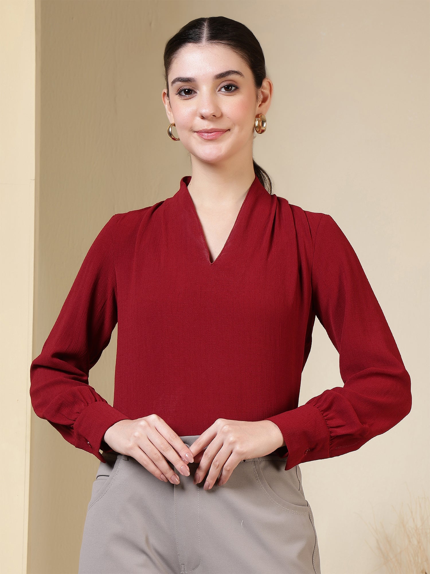 womens v neck long sleeve elegant solid top 1