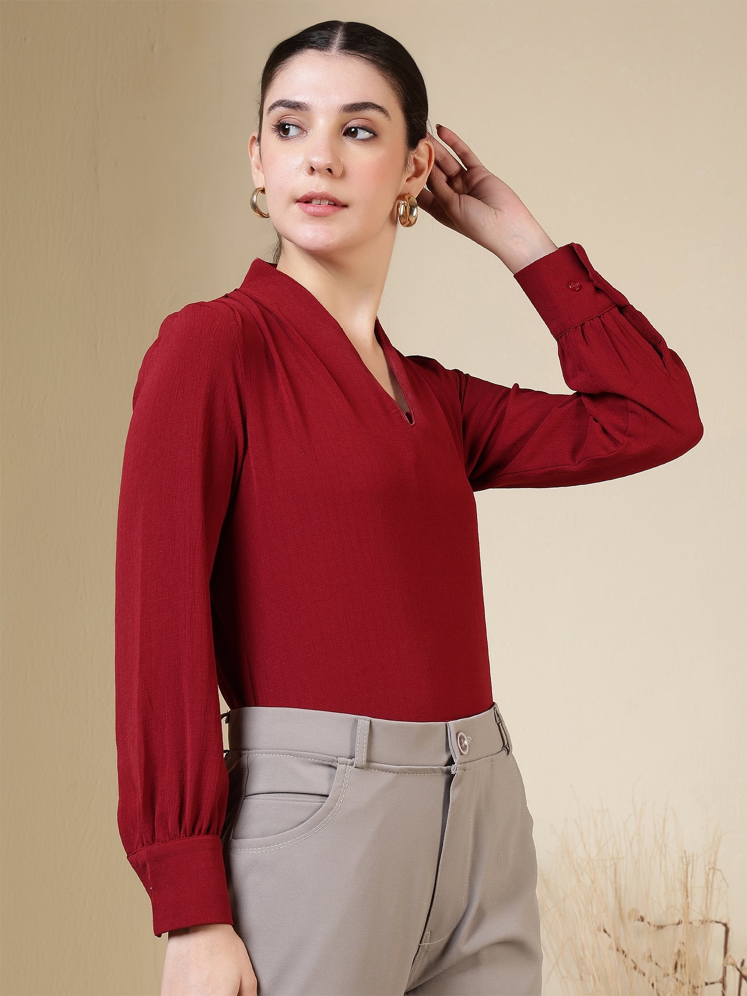 womens v neck long sleeve elegant solid top 1