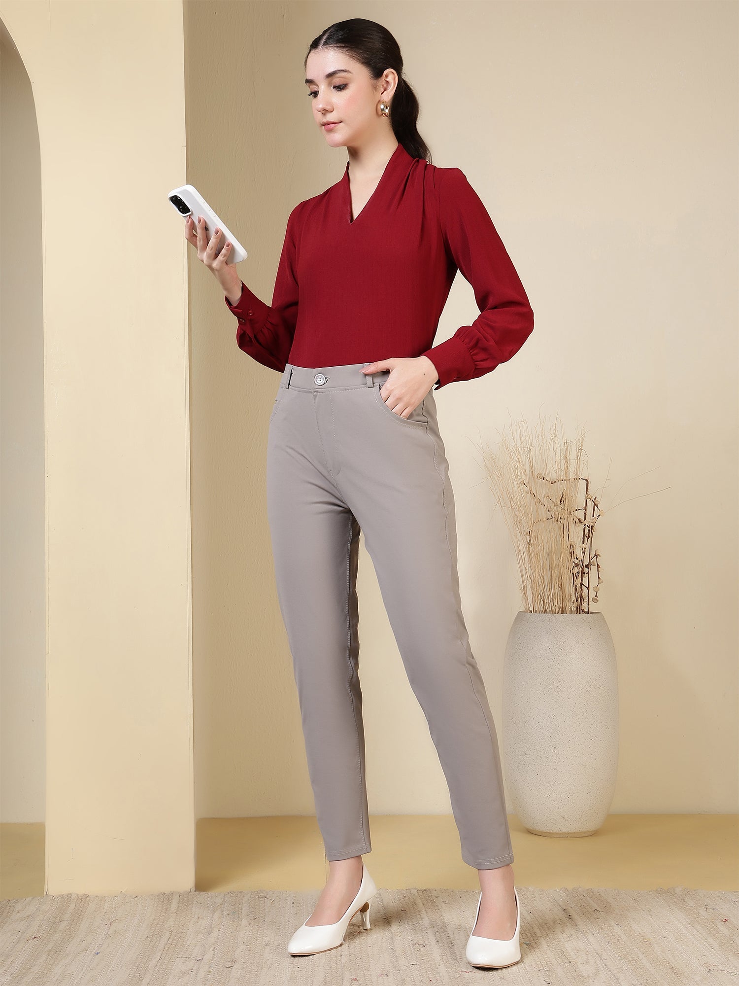 womens v neck long sleeve elegant solid top 1