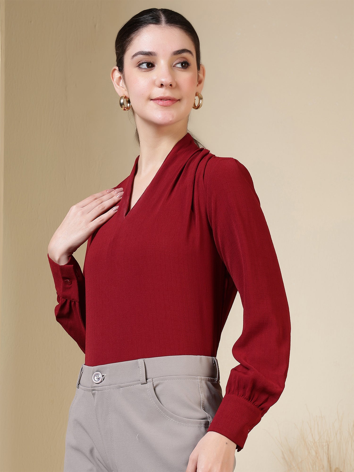 womens v neck long sleeve elegant solid top 1