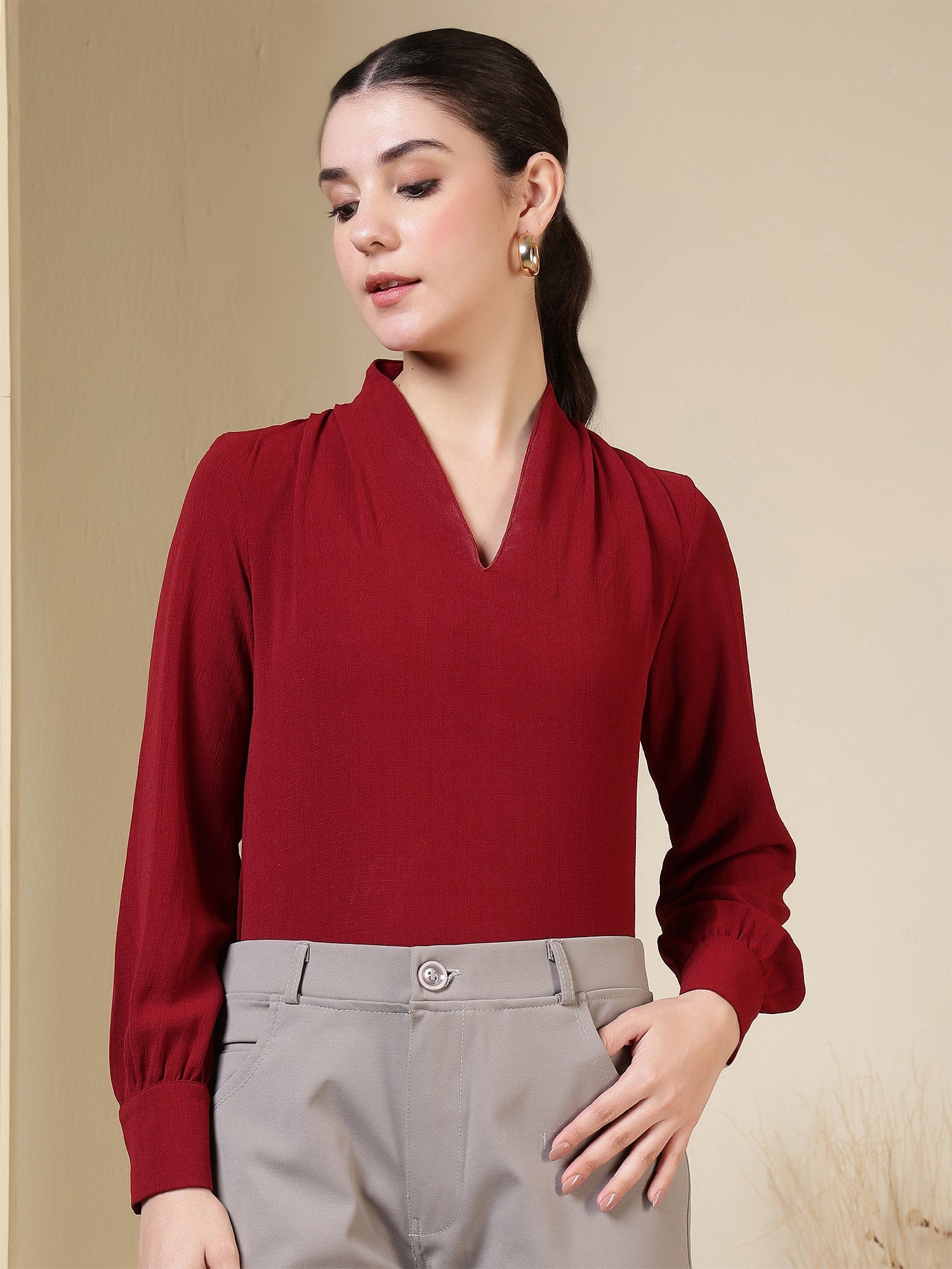 womens v neck long sleeve elegant solid top 1