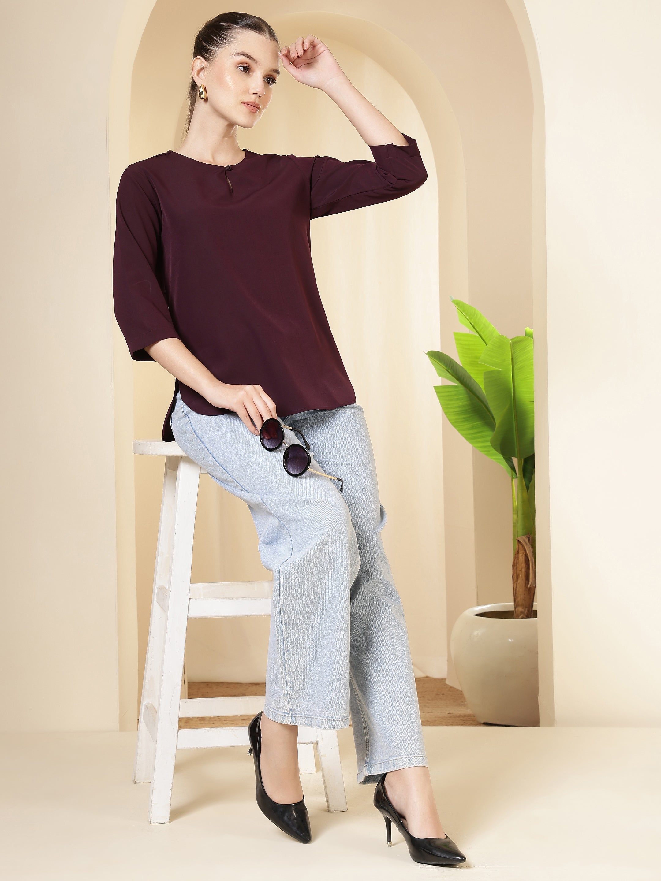 women solid keyhole neck with 3 4 sleeves lightweight casual office wear top 1