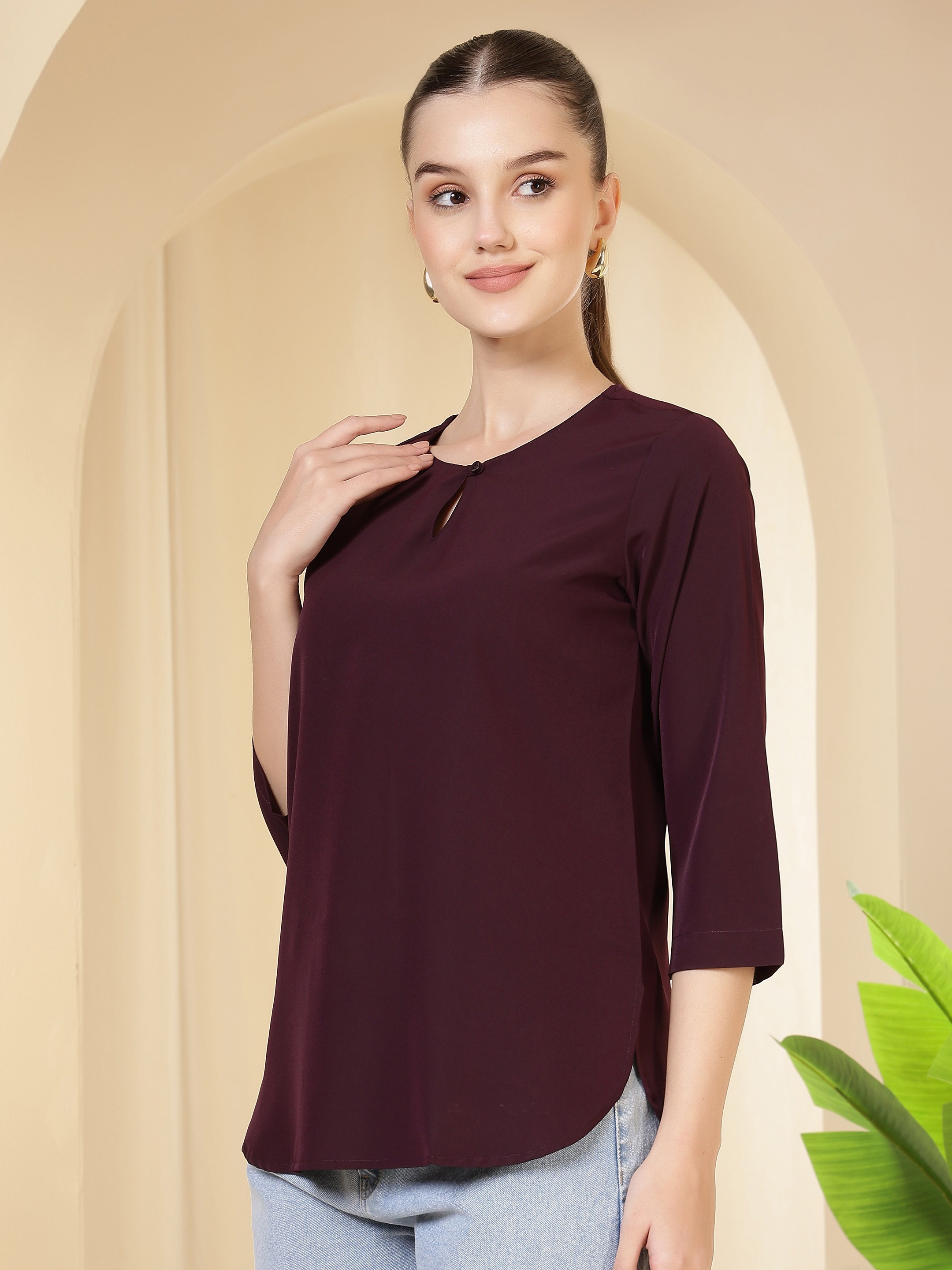 women solid keyhole neck with 3 4 sleeves lightweight casual office wear top 1