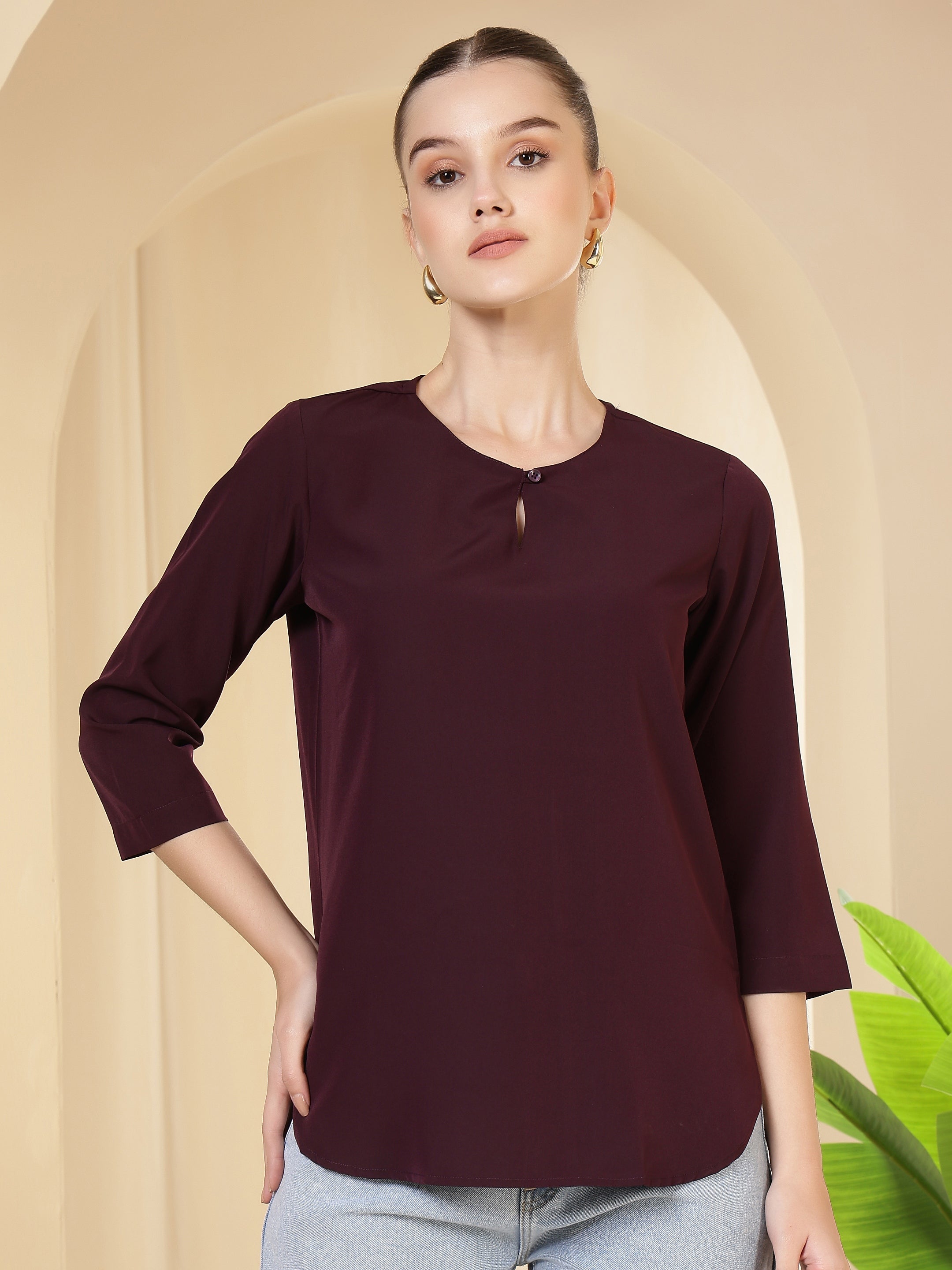 women solid keyhole neck with 3 4 sleeves lightweight casual office wear top 1
