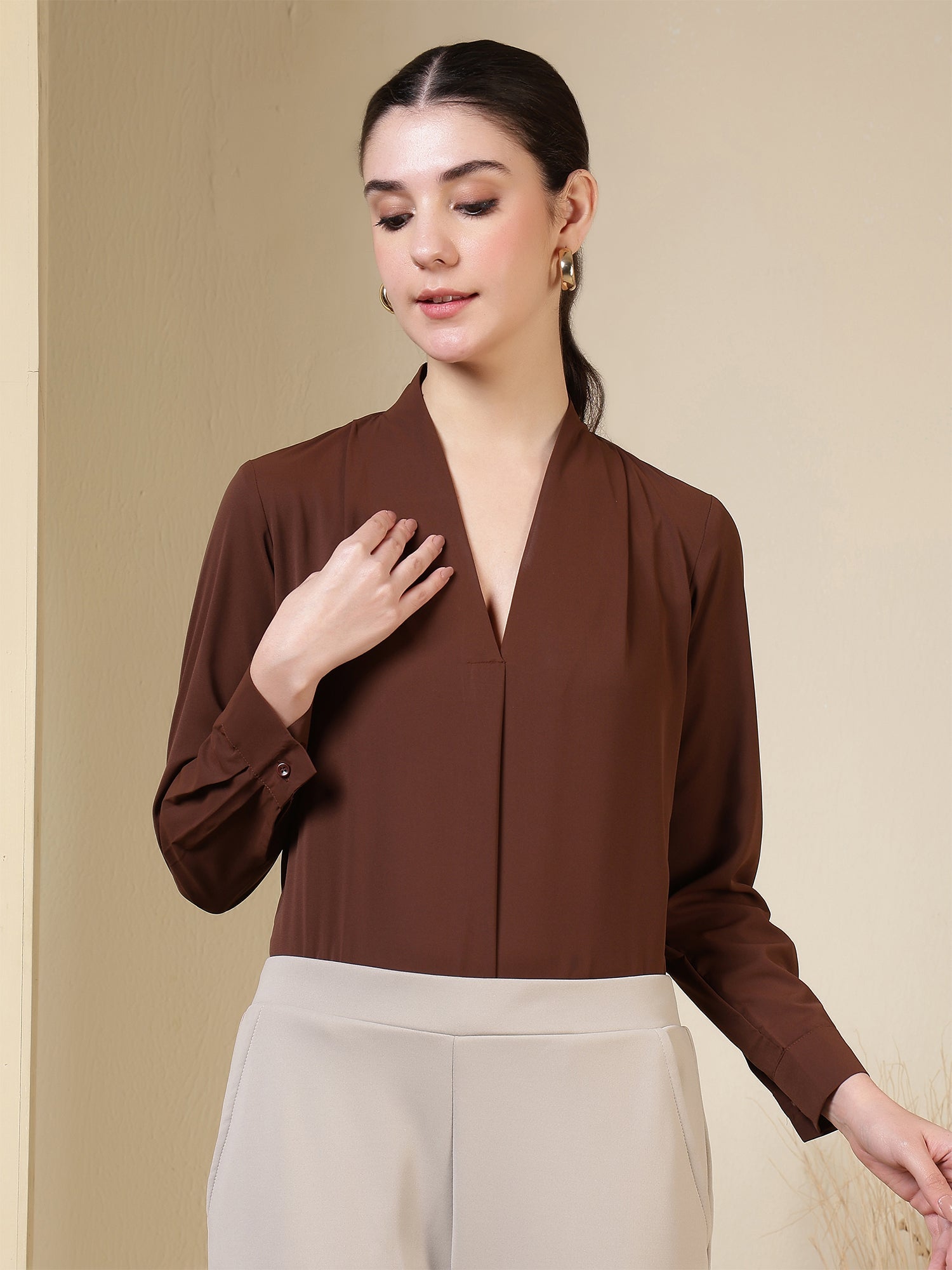 women v neck pleated long sleeve elegant office wear everyday casual top 1