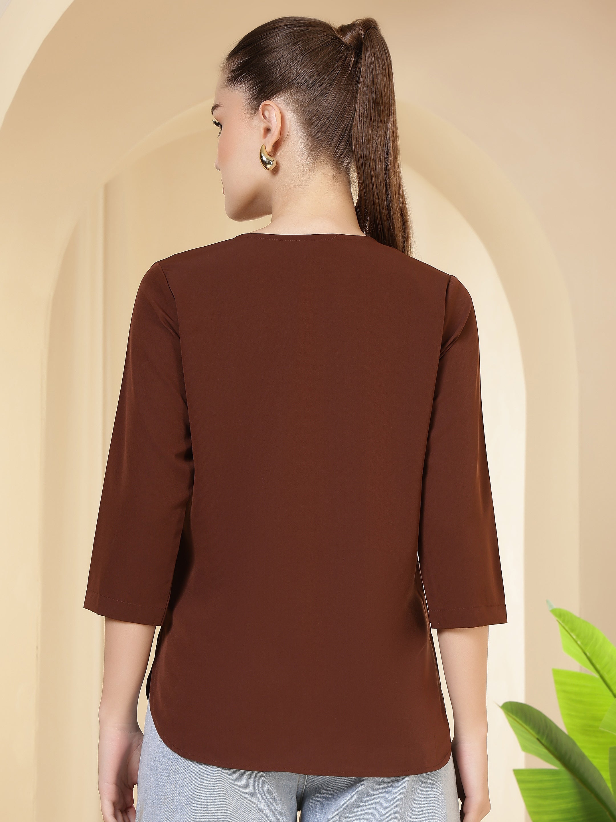 women solid keyhole neck with 3 4 sleeves lightweight casual office wear top 1
