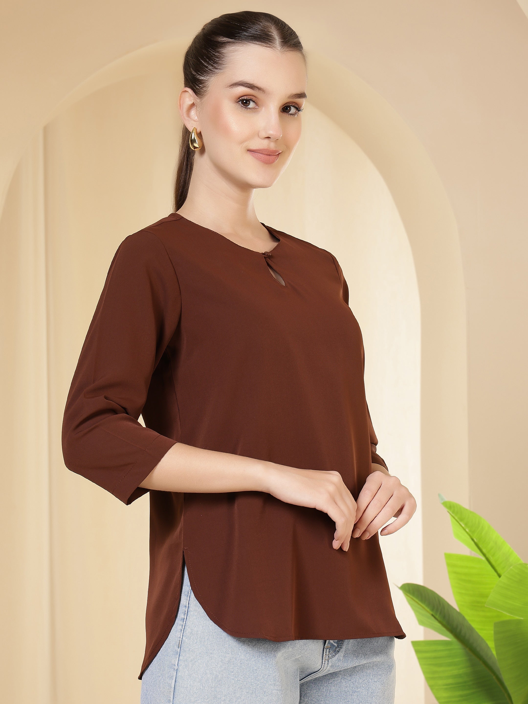 women solid keyhole neck with 3 4 sleeves lightweight casual office wear top 1