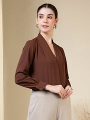 women v neck pleated long sleeve elegant office wear everyday casual top 1