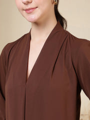 women v neck pleated long sleeve elegant office wear everyday casual top 1