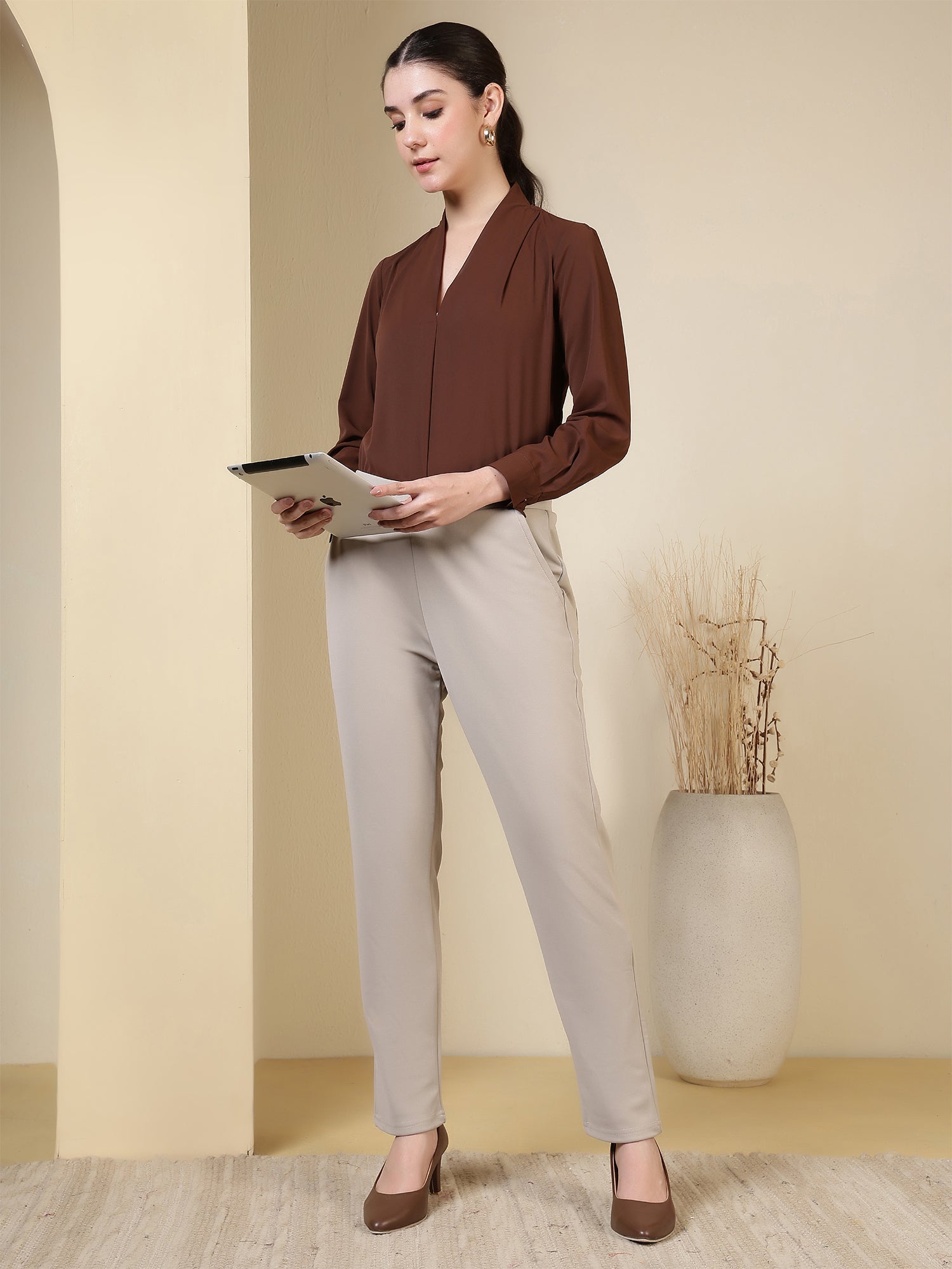 women v neck pleated long sleeve elegant office wear everyday casual top 1