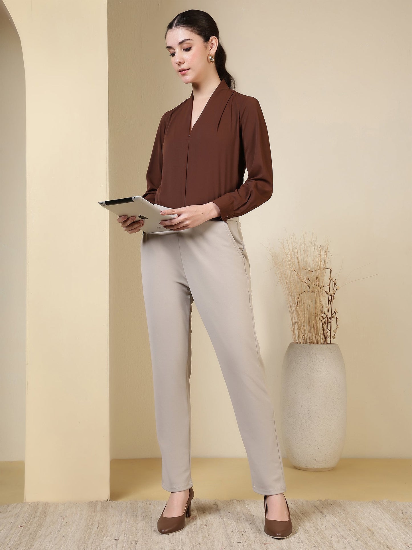 women v neck pleated long sleeve elegant office wear everyday casual top 1