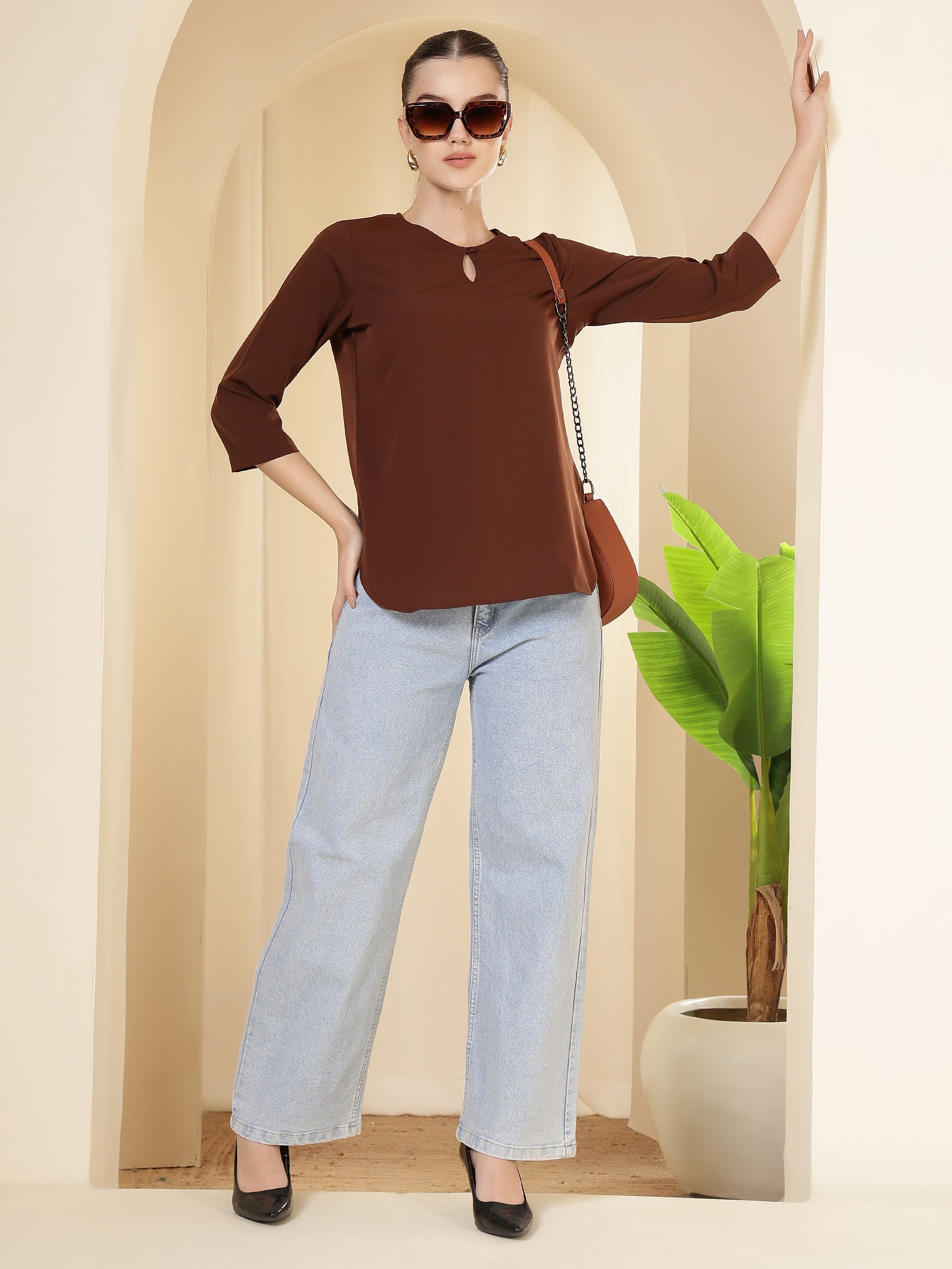 women solid keyhole neck with 3 4 sleeves lightweight casual office wear top 1