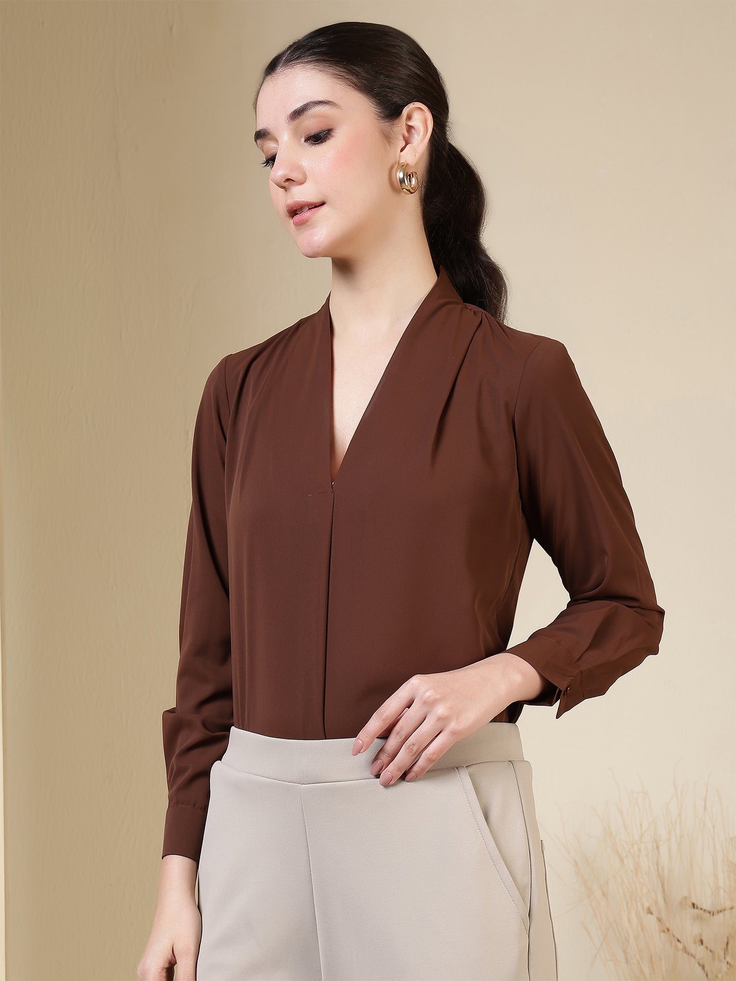 women v neck pleated long sleeve elegant office wear everyday casual top 1