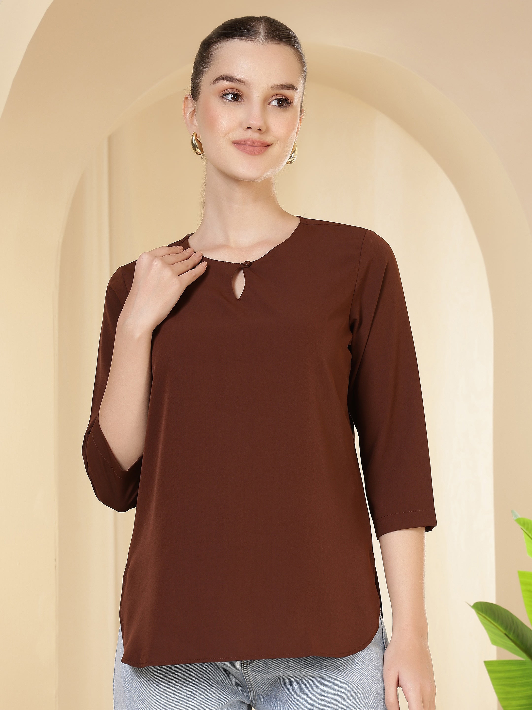 women solid keyhole neck with 3 4 sleeves lightweight casual office wear top 1