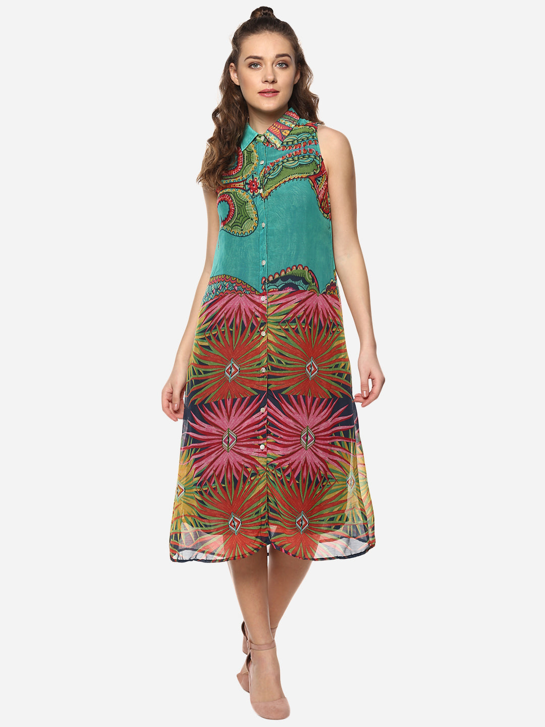 Women's Multicolored Printed Midi Shirt Dress