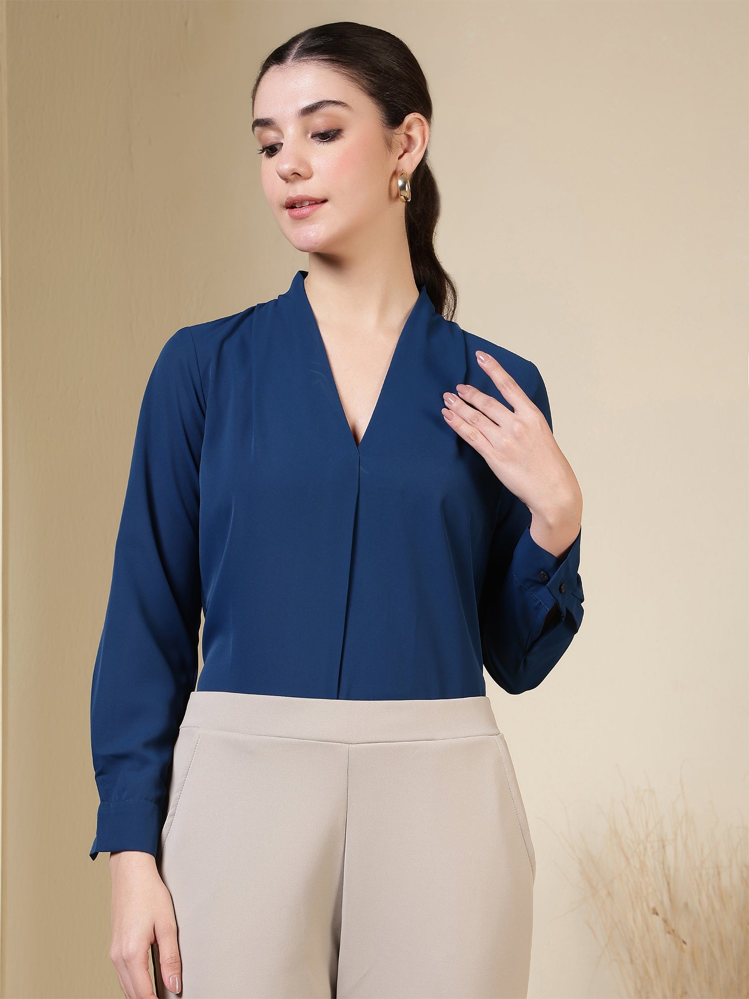 women v neck pleated long sleeve elegant office wear everyday casual top 1