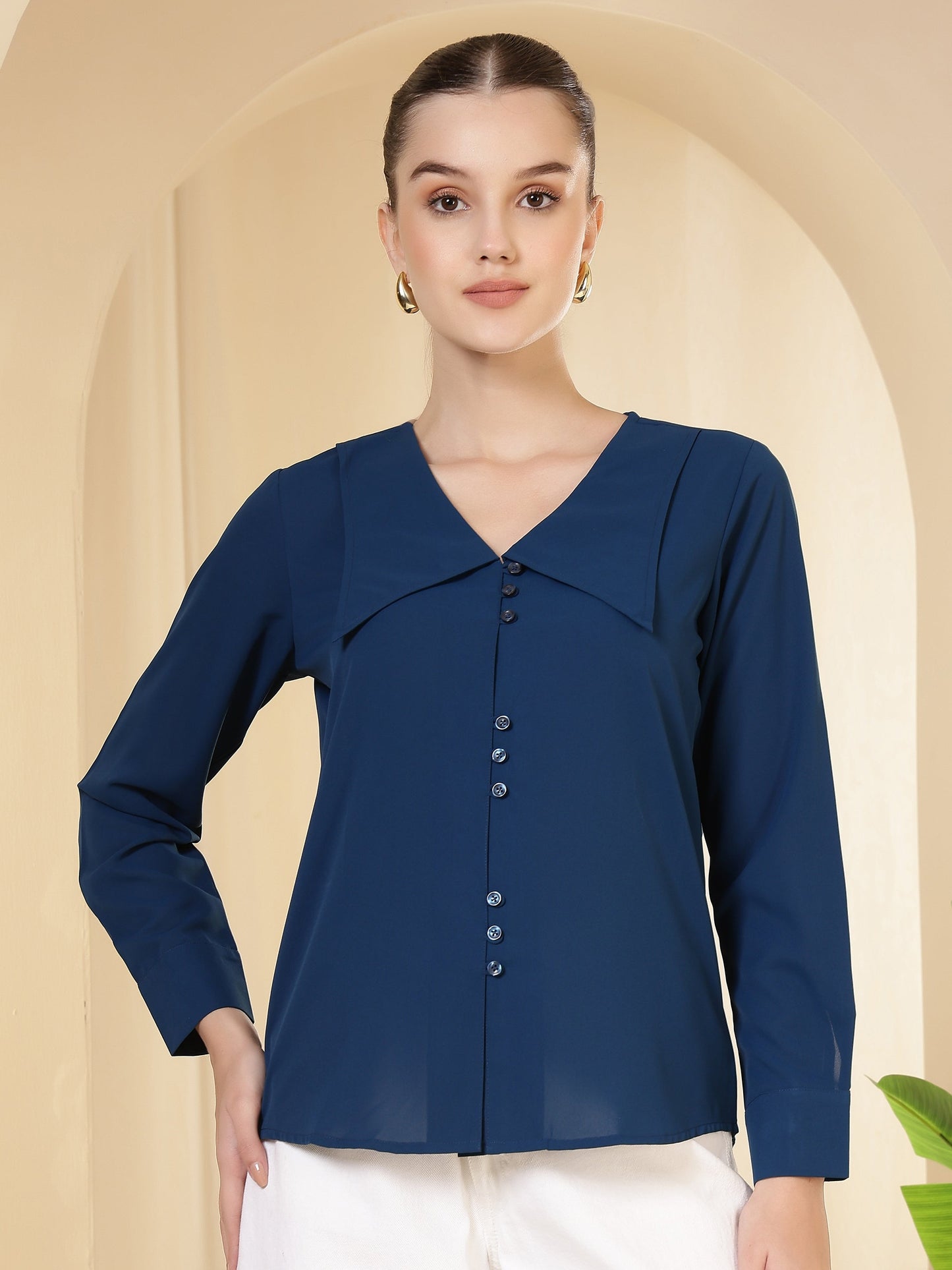 womens solid v neck long sleeve shirt with wide collar