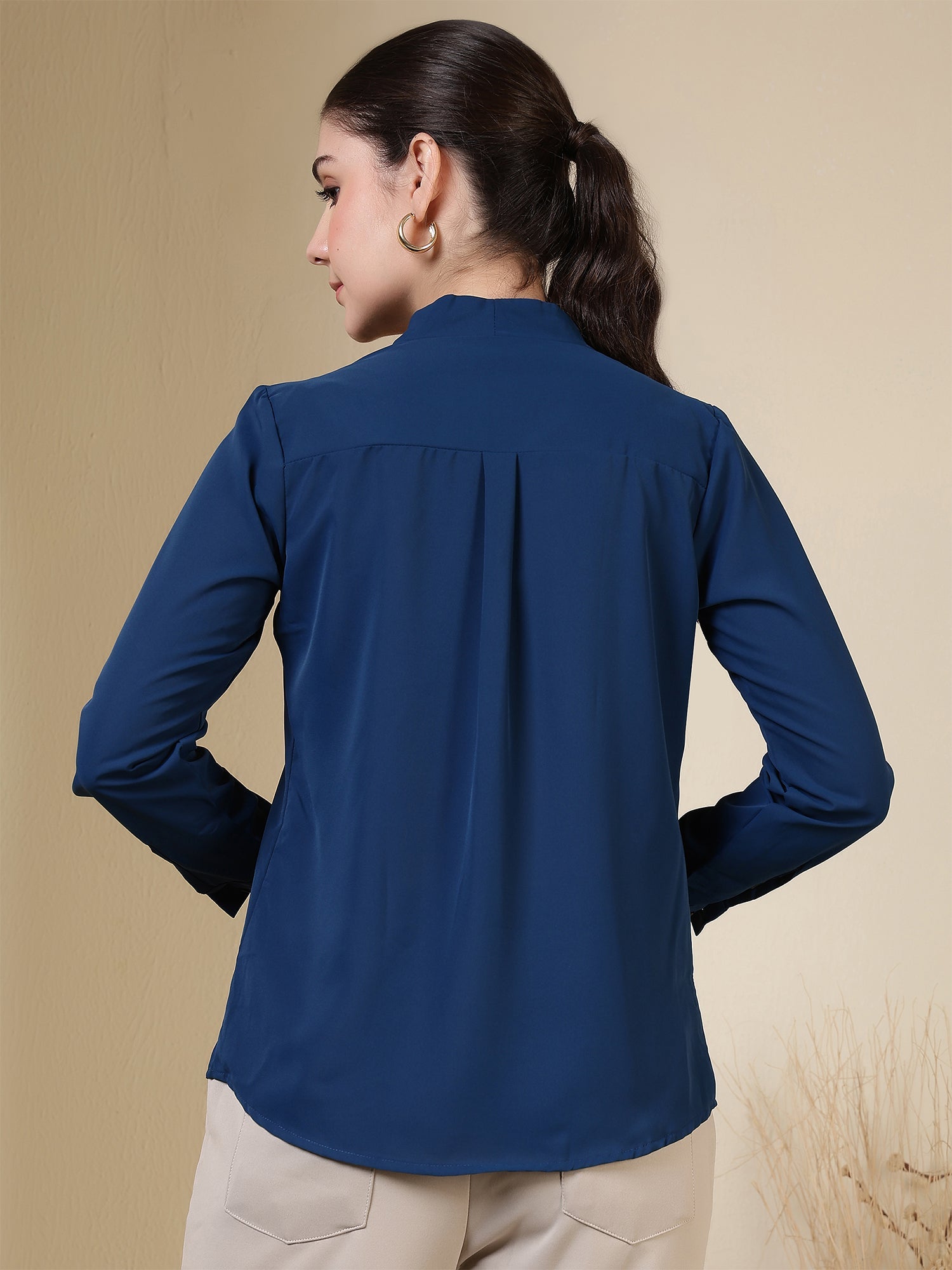 women v neck pleated long sleeve elegant office wear everyday casual top 1