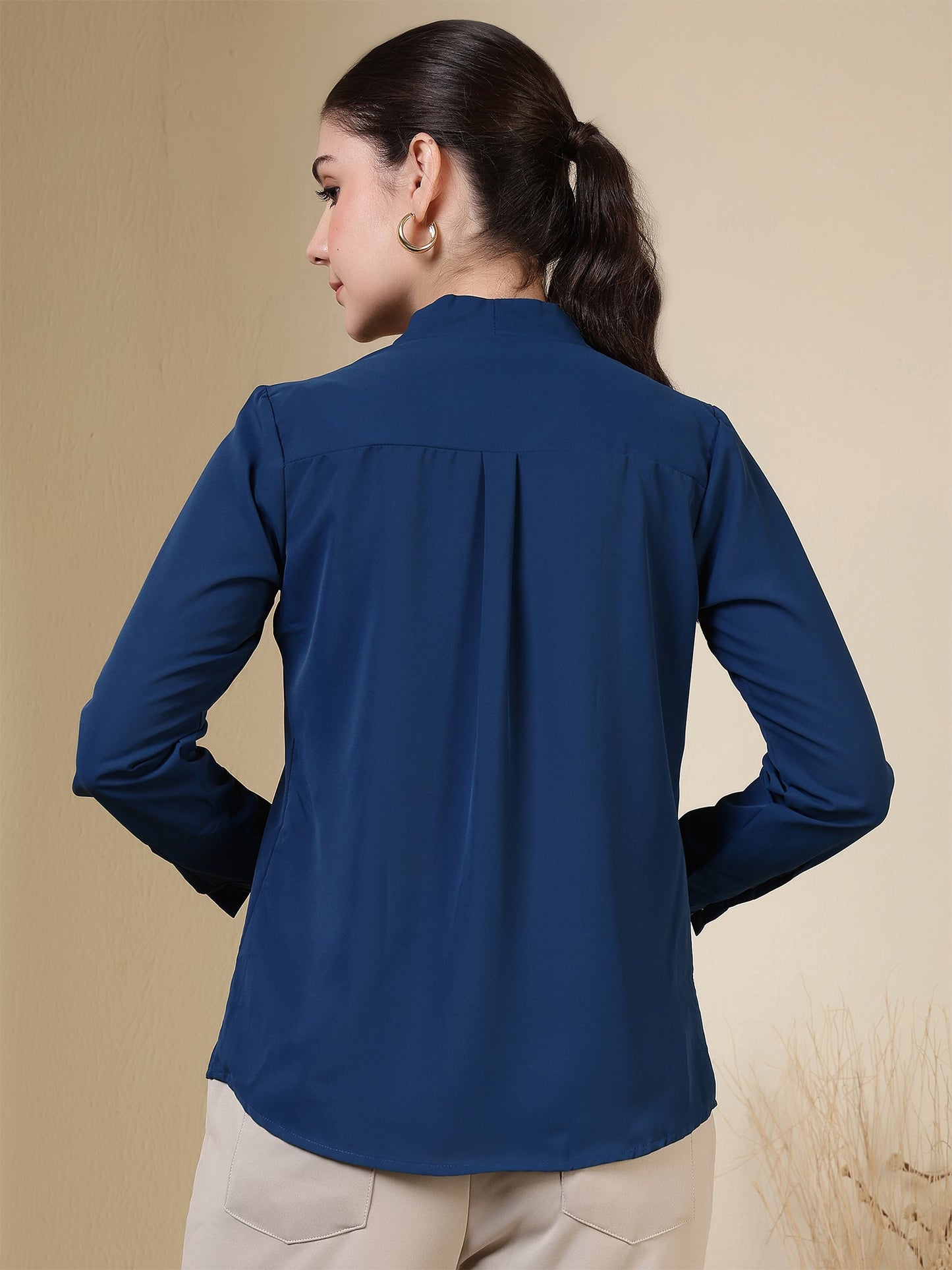 women v neck pleated long sleeve elegant office wear everyday casual top 1