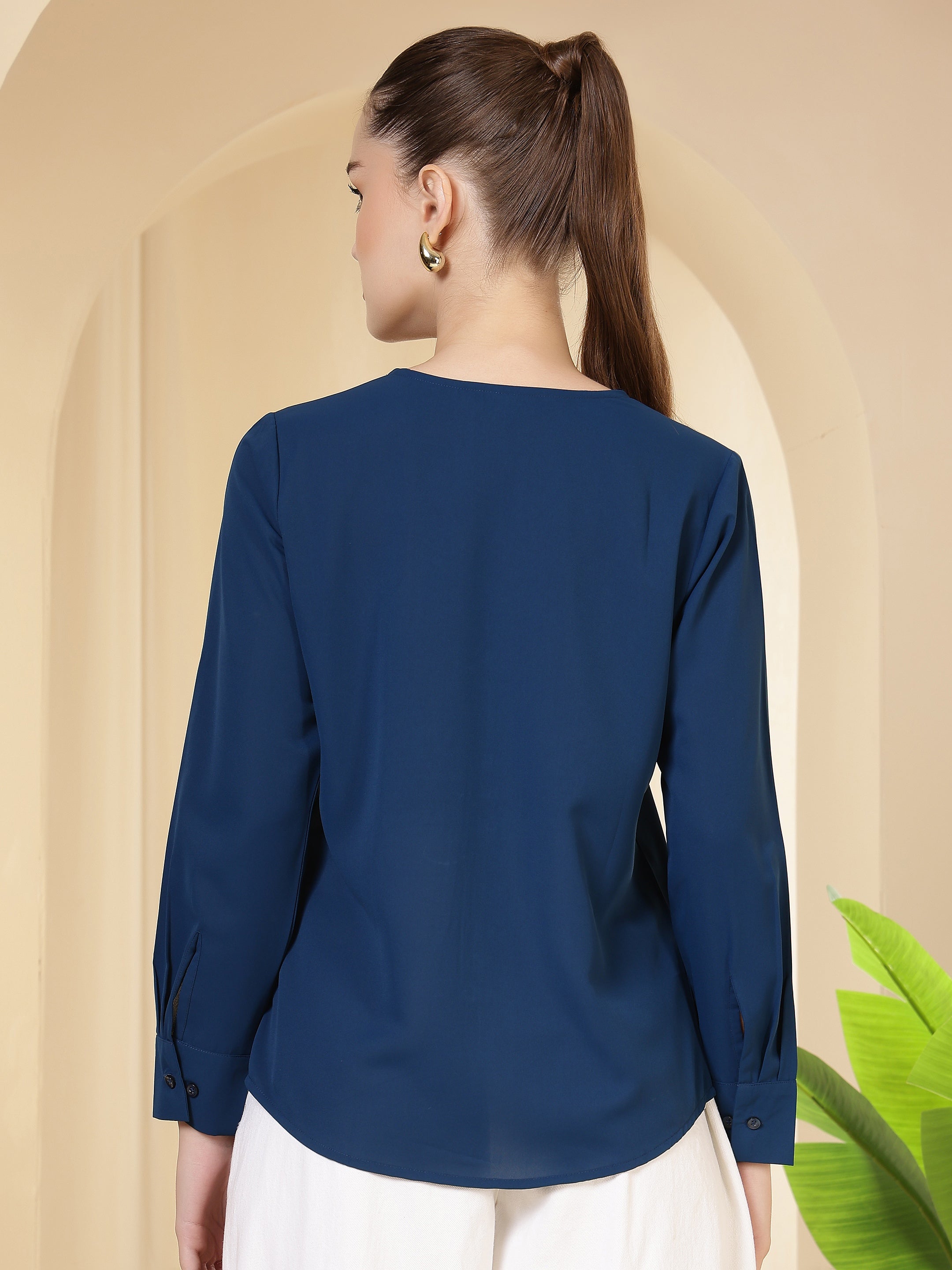 womens solid v neck long sleeve shirt with wide collar