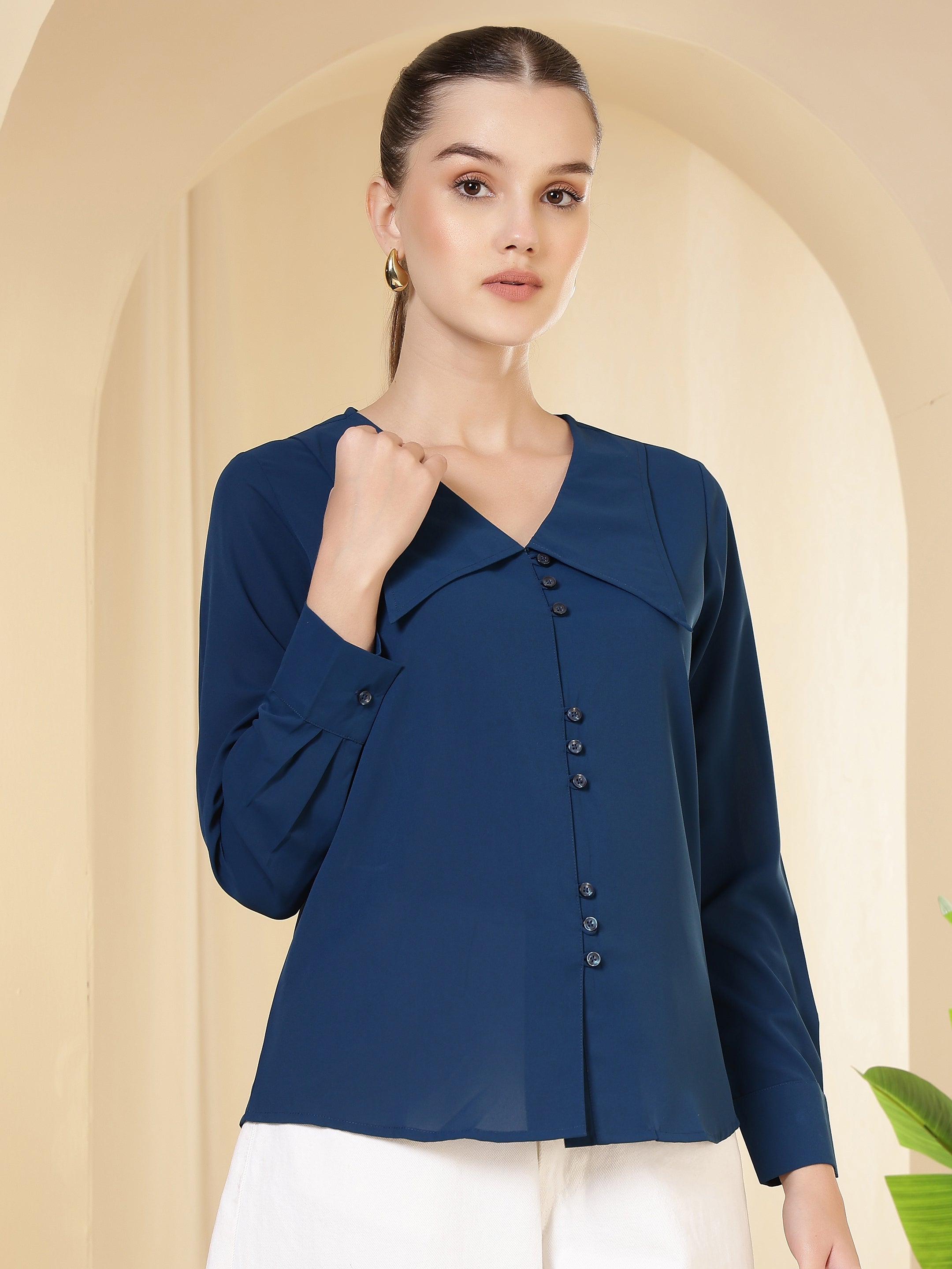 womens solid v neck long sleeve shirt with wide collar