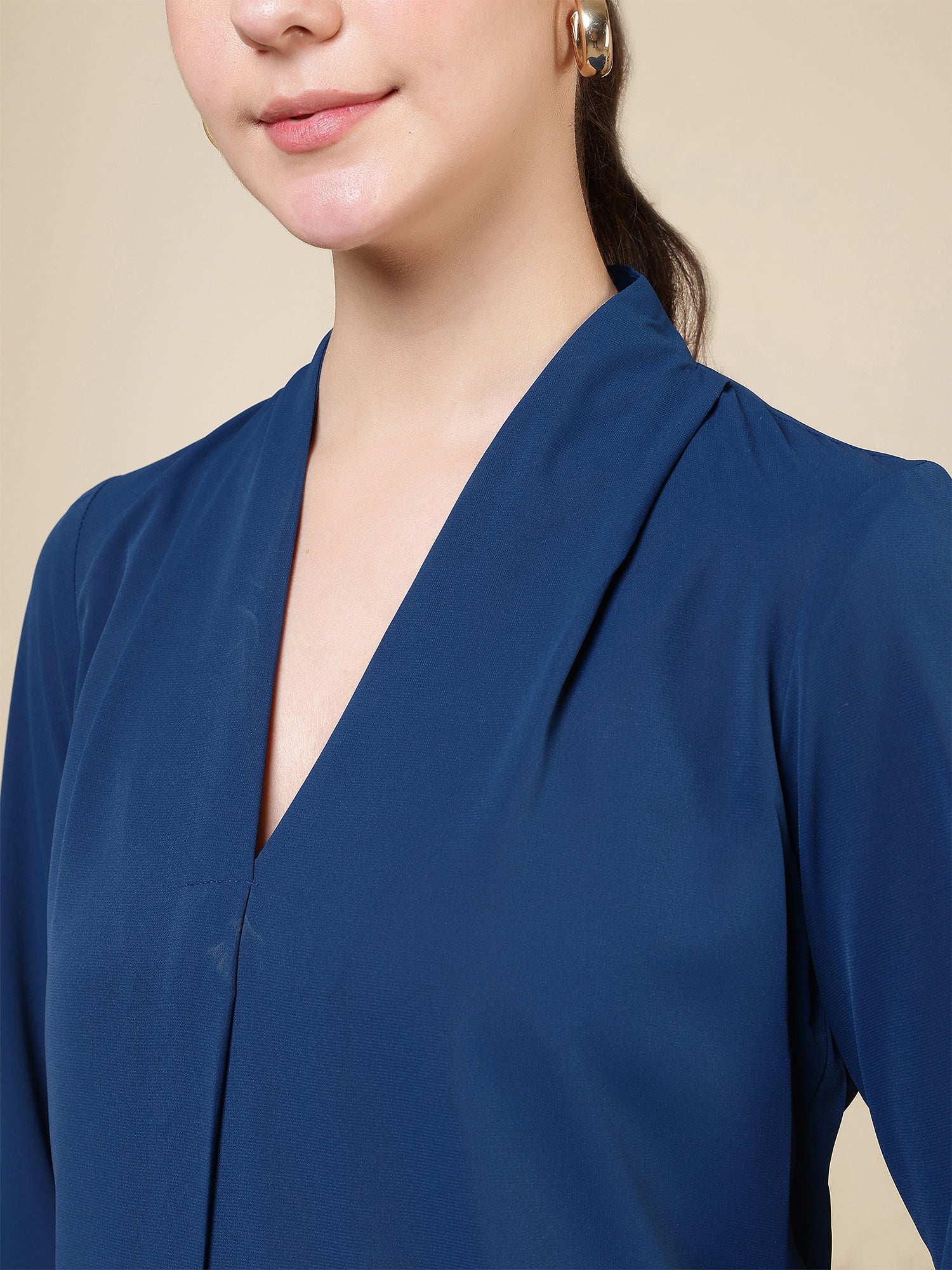 women v neck pleated long sleeve elegant office wear everyday casual top 1