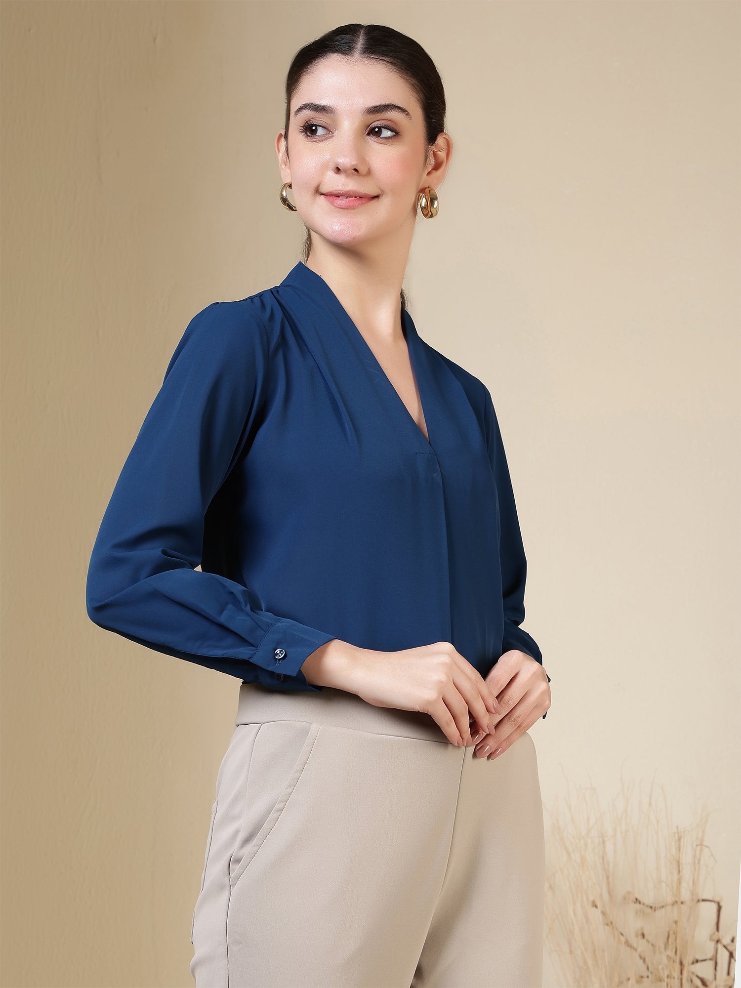 women v neck pleated long sleeve elegant office wear everyday casual top 1