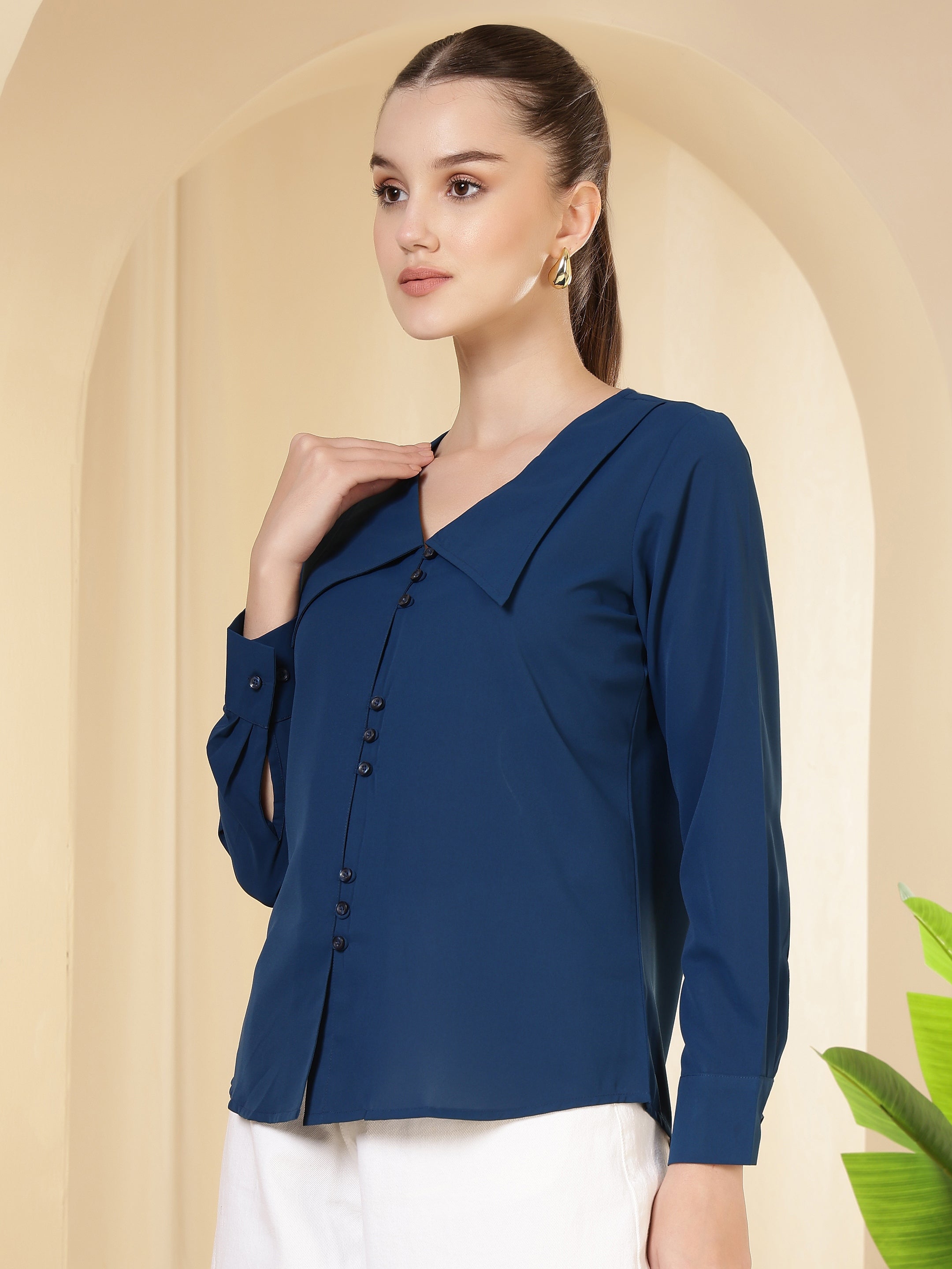 womens solid v neck long sleeve shirt with wide collar