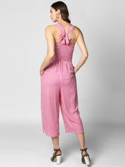 Women's Pink Stripe Jumpsuit with Cross Tie Up Back