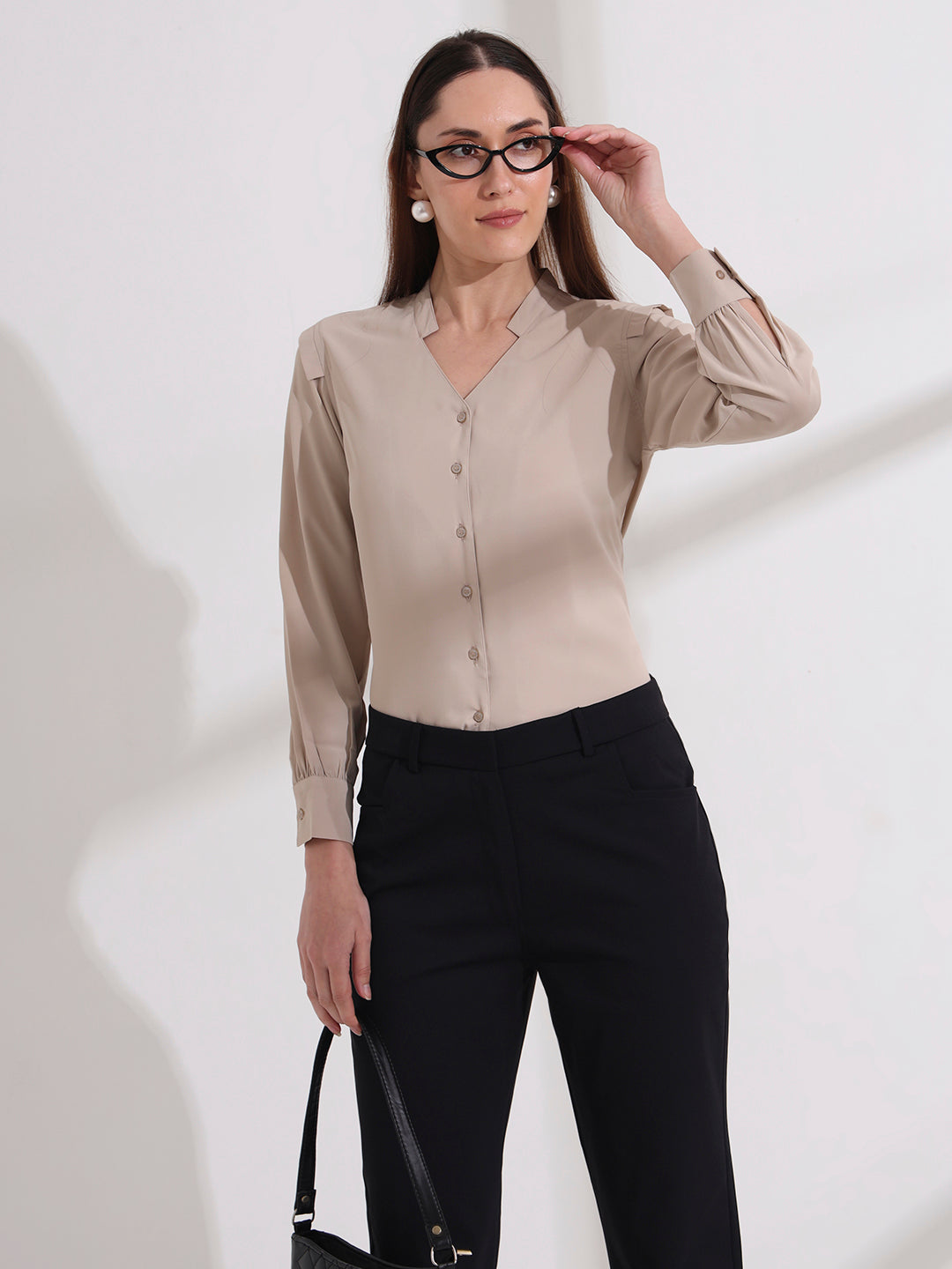 womens stylish mandarin collar solid formal shirt 2