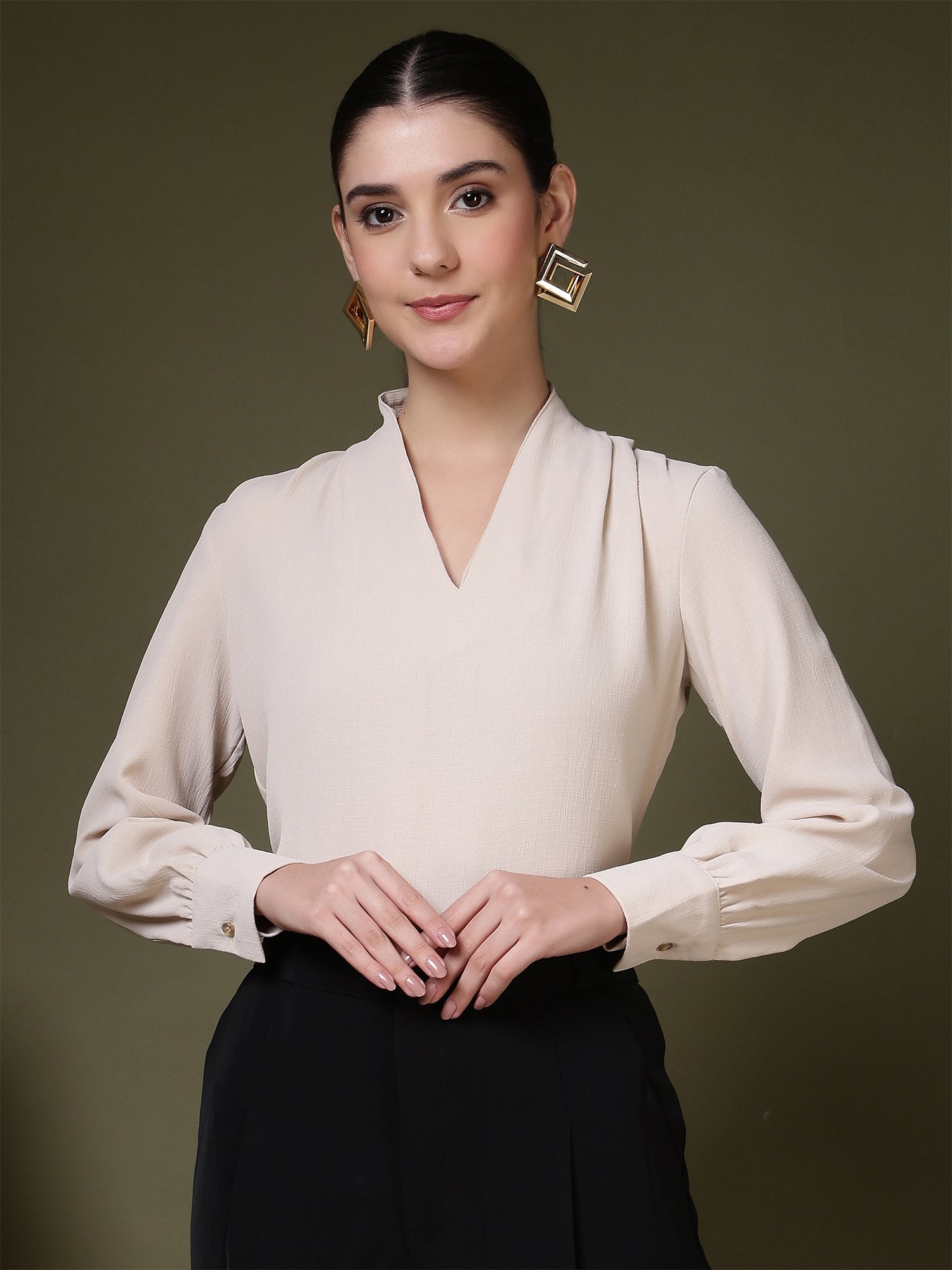 womens v neck long sleeve elegant solid top 1