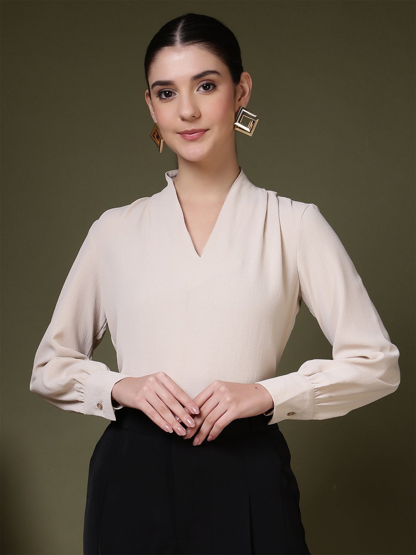 womens v neck long sleeve elegant solid top 1
