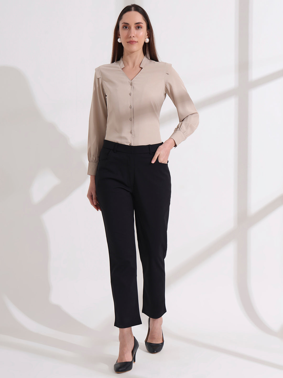 womens stylish mandarin collar solid formal shirt 2