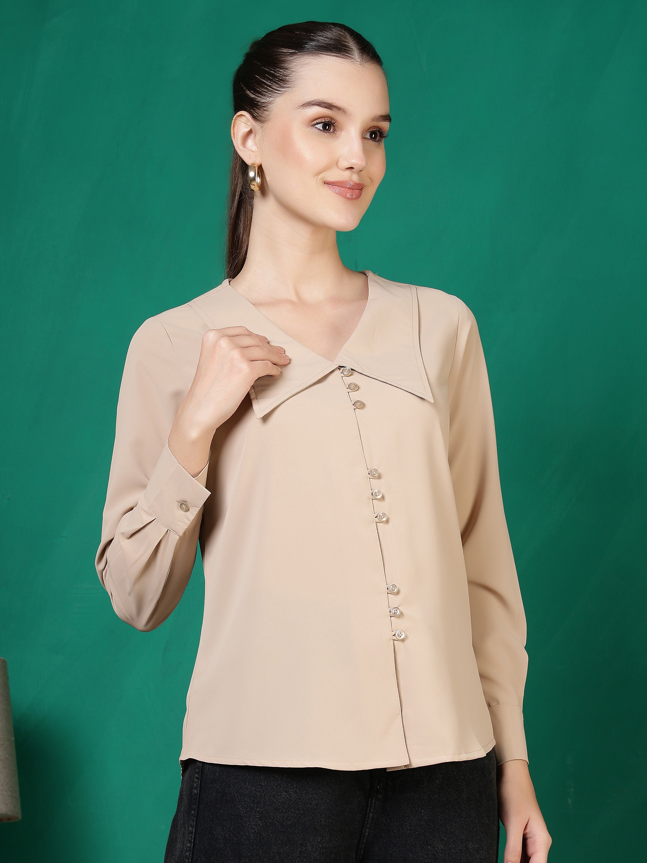 womens solid v neck long sleeve shirt with wide collar