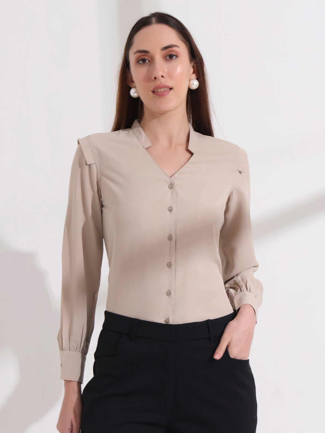 womens stylish mandarin collar solid formal shirt 2