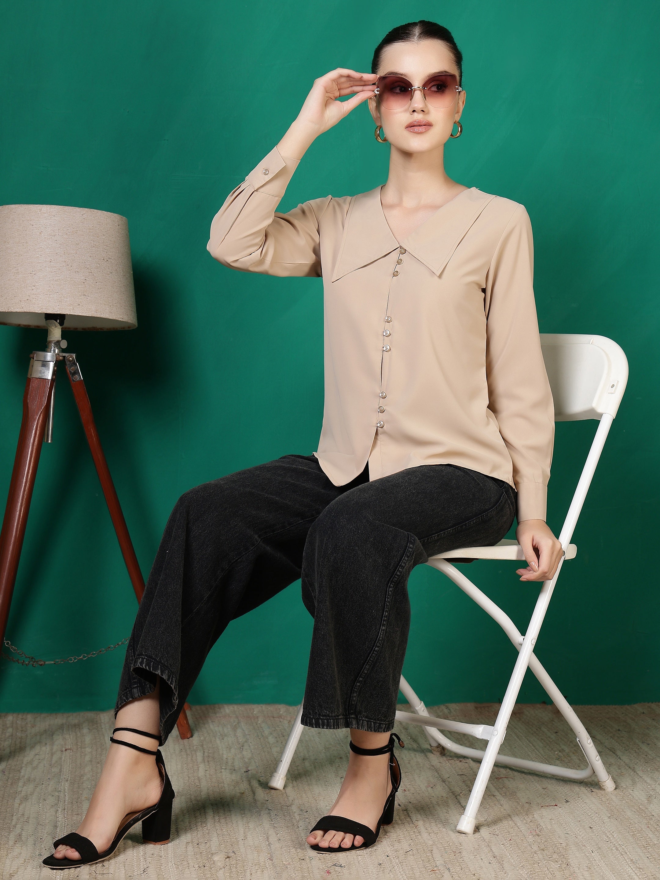 womens solid v neck long sleeve shirt with wide collar