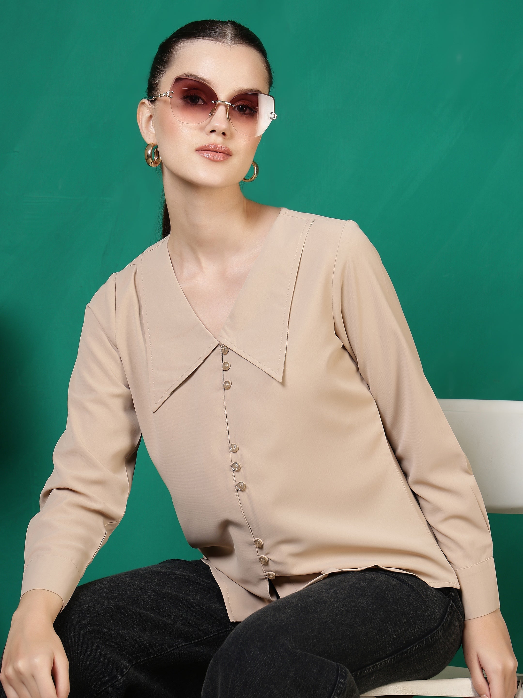 womens solid v neck long sleeve shirt with wide collar