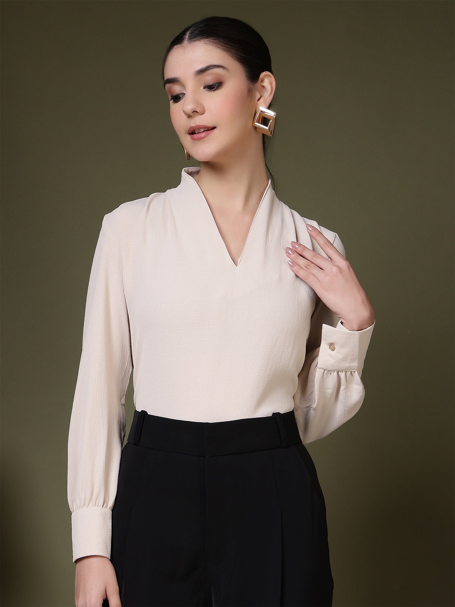 womens v neck long sleeve elegant solid top 1